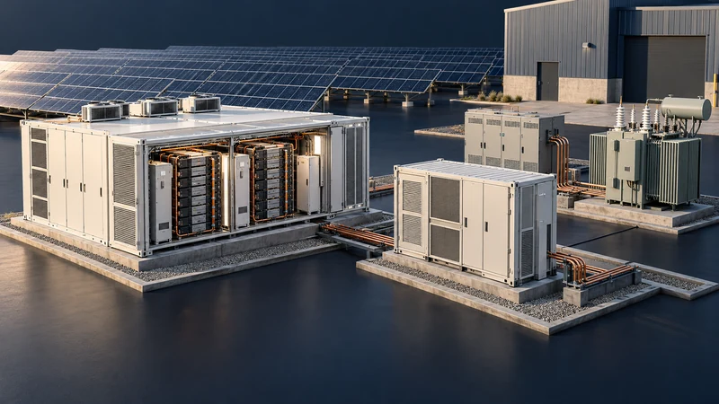 Conceptual solar-and-storage facility with an open battery enclosure, separate power electronics, switchgear and transformer.